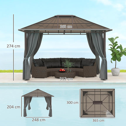 3.6 x 3 Metre Hardtop Gazebo with Polycarbonate Roof and Curtains - Dark Grey