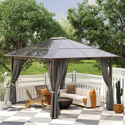 3.6 x 3 Metre Hardtop Gazebo with Polycarbonate Roof and Curtains - Dark Grey