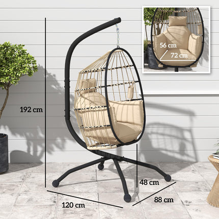Hanging Egg Swing Chair with Folding Basket, Thick Cushion, Headrest & Cup Holder for Indoor Outdoor Patio Balcony - Khaki