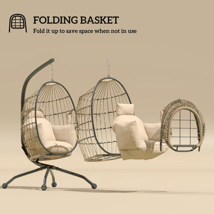 Hanging Egg Swing Chair with Folding Basket, Thick Cushion, Headrest & Cup Holder for Indoor Outdoor Patio Balcony - Khaki