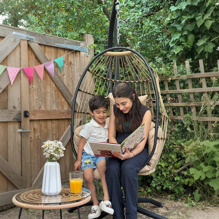 Hanging Egg Swing Chair with Folding Basket, Thick Cushion, Headrest & Cup Holder for Indoor Outdoor Patio Balcony - Khaki