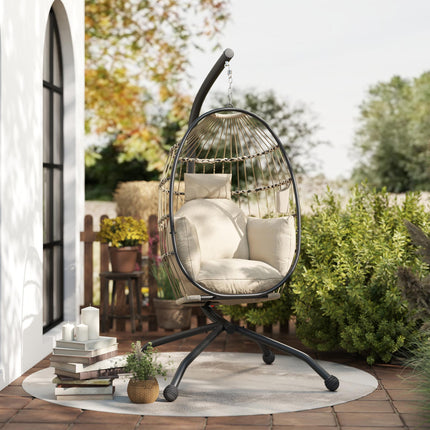 Hanging Egg Swing Chair with Folding Basket, Thick Cushion, Headrest & Cup Holder for Indoor Outdoor Patio Balcony - Khaki