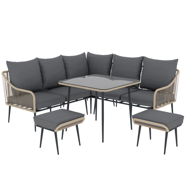 Six-Piece Rattan Garden Sofa Set with Cushions - Brown/Grey