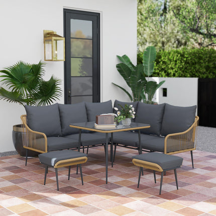 Six-Piece Rattan Garden Sofa Set with Cushions - Brown/Grey