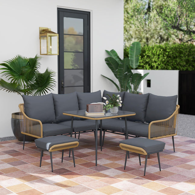 Six-Piece Rattan Garden Sofa Set with Cushions - Brown/Grey