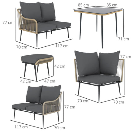 Six-Piece Rattan Garden Sofa Set with Cushions - Brown/Grey