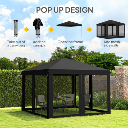 3 x 3 m Pop Up Gazebo with Removable Mesh Sidewalls and Carry Bag - Black
