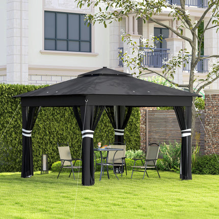 3 x 3 Metre Pop Up Gazebo with Solar LED Lights and Netting - Black