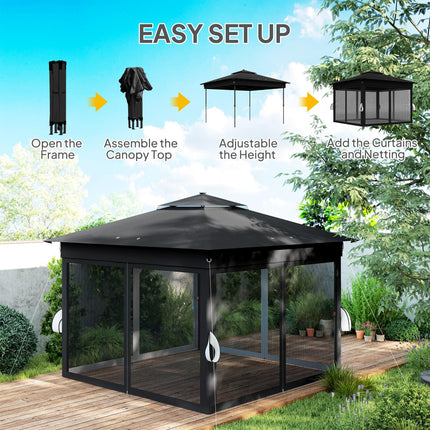 3 x 3 Metre Pop Up Gazebo with Solar LED Lights and Netting - Black