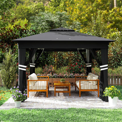 3 x 3 Metre Pop Up Gazebo with Solar LED Lights and Netting - Black
