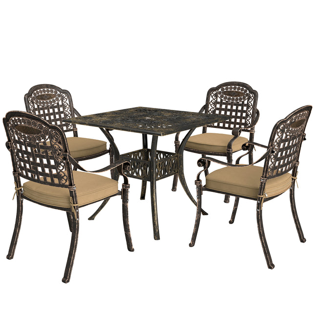 5 Piece Cast Aluminium Garden Dining Set with Cushions - Bronze Tone