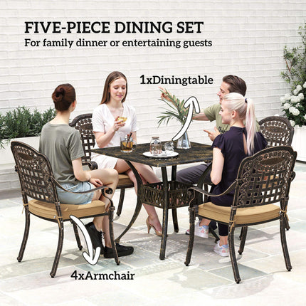 5 Piece Cast Aluminium Garden Dining Set with Cushions - Bronze Tone