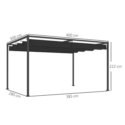 4 x 3m Metal Pergola with Retractable Canopy Roof - Black