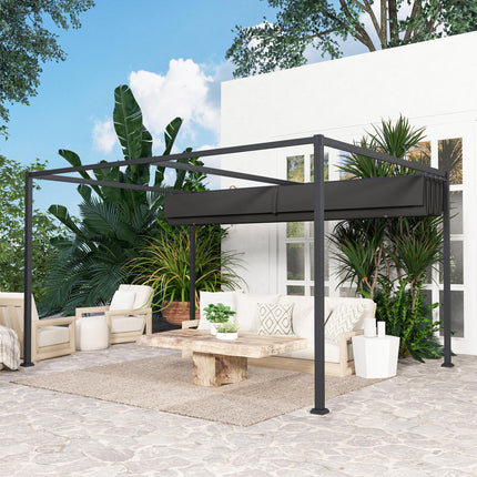 4 x 3m Metal Pergola with Retractable Canopy Roof - Black