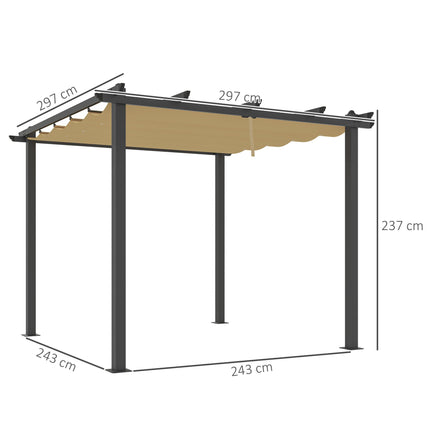 3 x 3m Aluminium Pergola, with Retractable Roof - Khaki