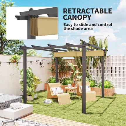 3 x 3m Aluminium Pergola, with Retractable Roof - Khaki