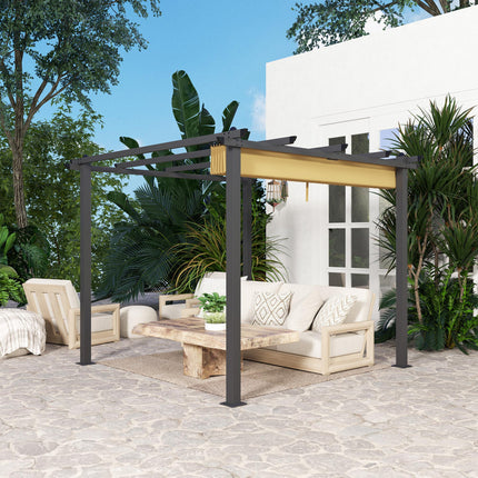 3 x 3m Aluminium Pergola, with Retractable Roof - Khaki