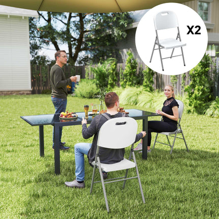 Set of 2 Foldable Steel Frame Outdoor Chairs with Plastic Seats - White