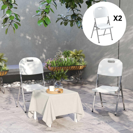 Set of 2 Foldable Steel Frame Outdoor Chairs with Plastic Seats - White