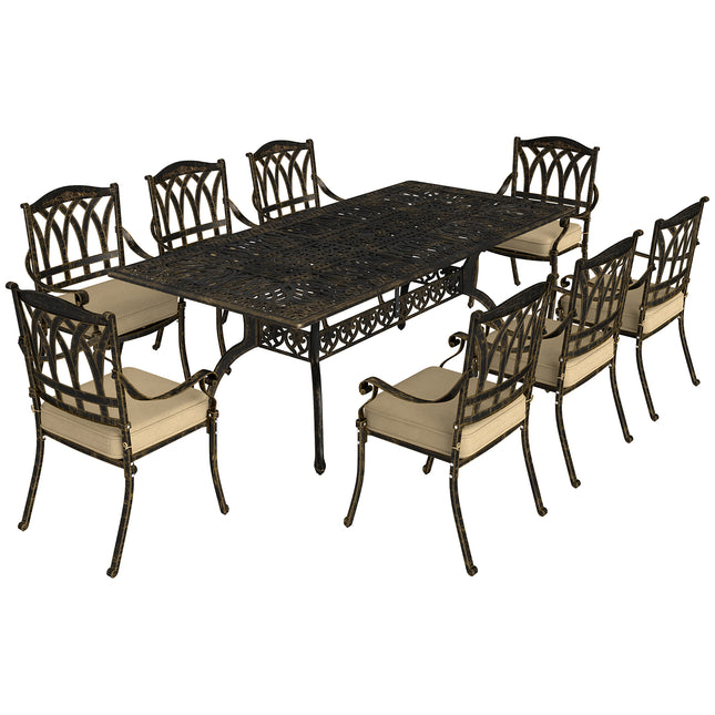 Nine-Piece Cast Aluminium Garden Dining Set with Cushions - Bronze Tone
