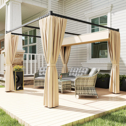 3 x 3m Retractable Roof Pergola with Curtains and Metal Frame - Khaki