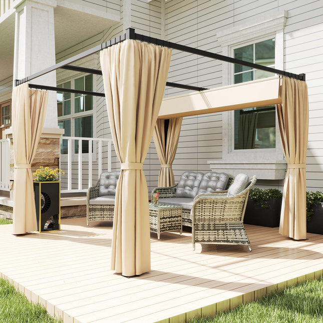 3 x 3m Retractable Roof Pergola with Curtains and Metal Frame - Khaki