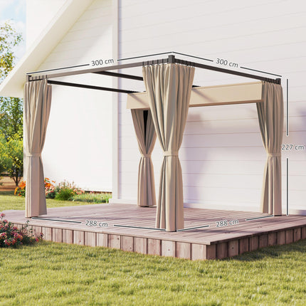 3 x 3m Retractable Roof Pergola with Curtains and Metal Frame - Khaki
