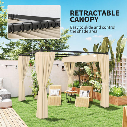 3 x 3m Retractable Roof Pergola with Curtains and Metal Frame - Khaki