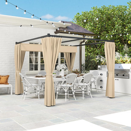 3 x 3m Retractable Roof Pergola with Curtains and Metal Frame - Khaki
