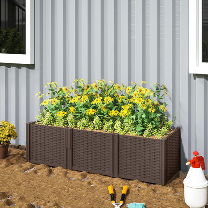Modular Plastic Raised Garden Bed Kit with Fence Edging 120x43x30 cm - Brown
