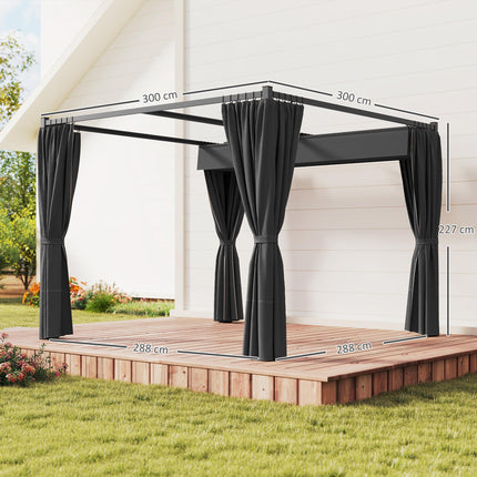 3 x 3m Retractable Pergola with Curtains for Garden, Patio, Deck - Charcoal Grey