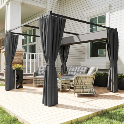 3 x 3m Retractable Pergola with Curtains for Garden, Patio, Deck - Charcoal Grey