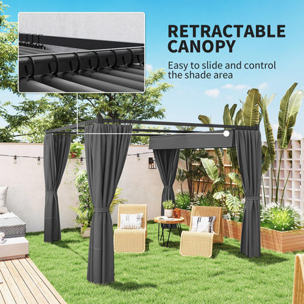 3 x 3m Retractable Pergola with Curtains for Garden, Patio, Deck - Charcoal Grey