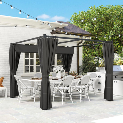 3 x 3m Retractable Pergola with Curtains for Garden, Patio, Deck - Charcoal Grey