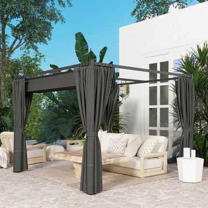 3 x 3m Retractable Pergola with Curtains for Garden, Patio, Deck - Charcoal Grey