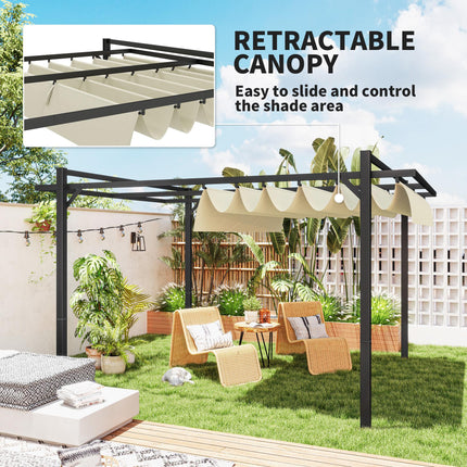 3 x 4m Aluminium Pergola, with Retractable Roof - Grey/Khaki