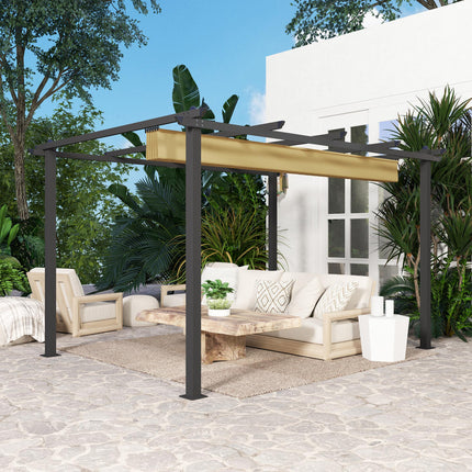 3 x 4m Aluminium Pergola with Retractable Roof - Khaki