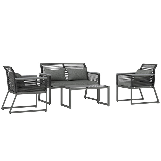 4 Piece PE Rattan Garden Furniture Set with Metal Frame - Charcoal Grey