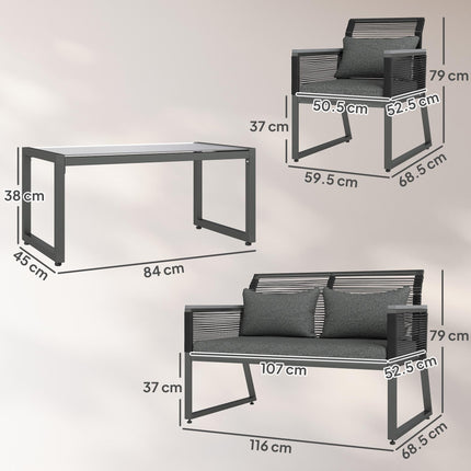 4 Piece PE Rattan Garden Furniture Set with Metal Frame - Charcoal Grey
