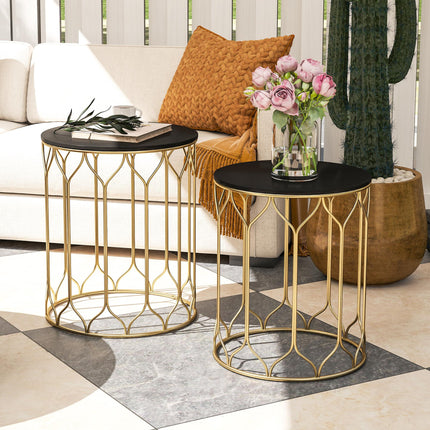 Round Coffee Table Set of 2, Modern Nesting Tables with Ceramic Tile Top, Small