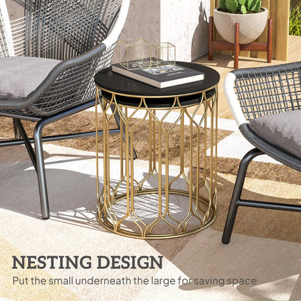 Round Coffee Table Set of 2, Modern Nesting Tables with Ceramic Tile Top, Small