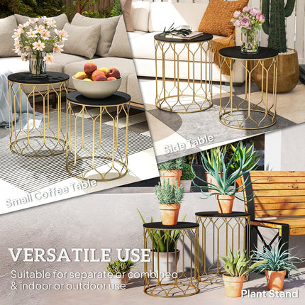 Round Coffee Table Set of 2, Modern Nesting Tables with Ceramic Tile Top, Small