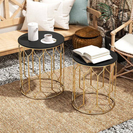 Round Coffee Table Set of 2, Modern Nesting Tables with Ceramic Tile Top, Small