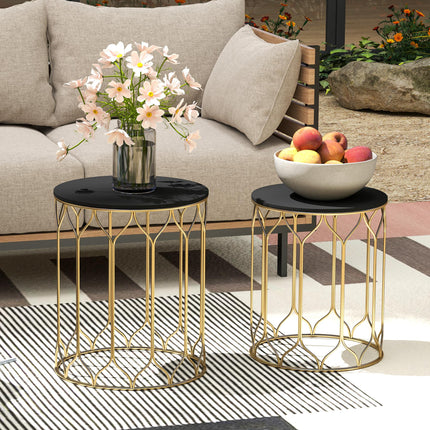 Round Coffee Table Set of 2, Modern Nesting Tables with Ceramic Tile Top, Small