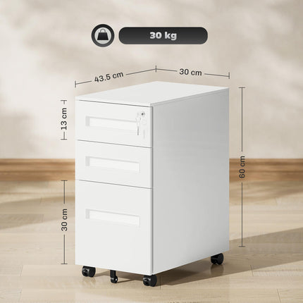 Lockable Metal Mobile 3-Drawer File Cabinet with Wheels for A4, Legal, Letter - White