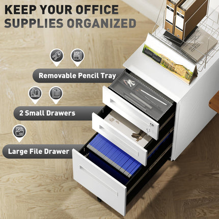 Lockable Metal Mobile 3-Drawer File Cabinet with Wheels for A4, Legal, Letter - White