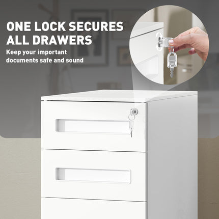 Lockable Metal Mobile 3-Drawer File Cabinet with Wheels for A4, Legal, Letter - White