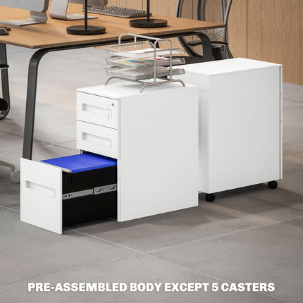 Lockable Metal Mobile 3-Drawer File Cabinet with Wheels for A4, Legal, Letter - White