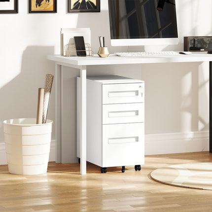 Lockable Metal Mobile 3-Drawer File Cabinet with Wheels for A4, Legal, Letter - White