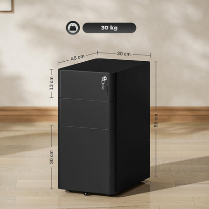 3-Drawer Steel Filing Cabinet with Lock and Casters - Black
